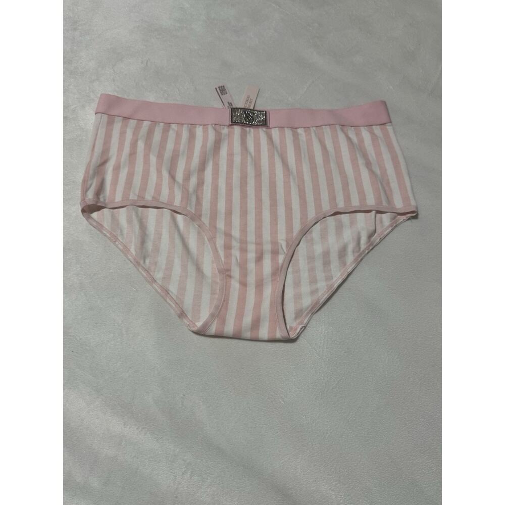 Victoria's Secret Pink White Stripe High Waist Brief Panty Rhinestone Logo XL